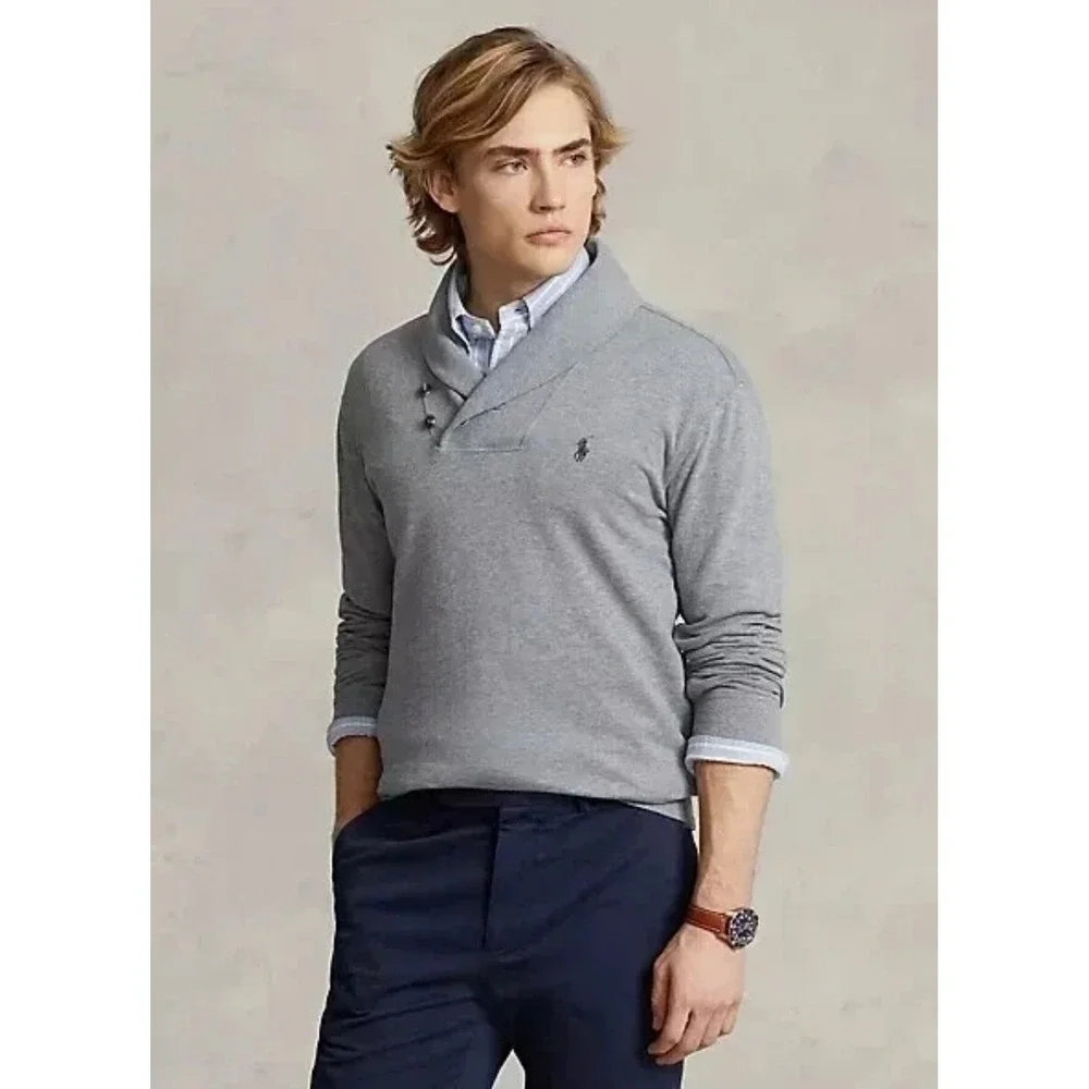 Polo Ralph Lauren Mens XL Gray Shawl Collar Pullover Preppy Sweater Cotton Blend